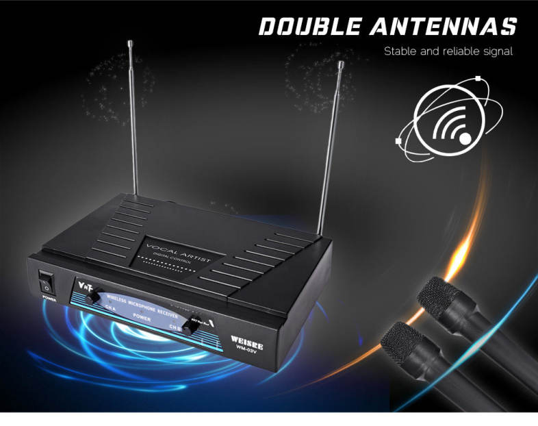 WEISRE WM - 03V Professional 220 - 270MHz VHF Wireless Handheld Dual Channel Transmitter Mic Set