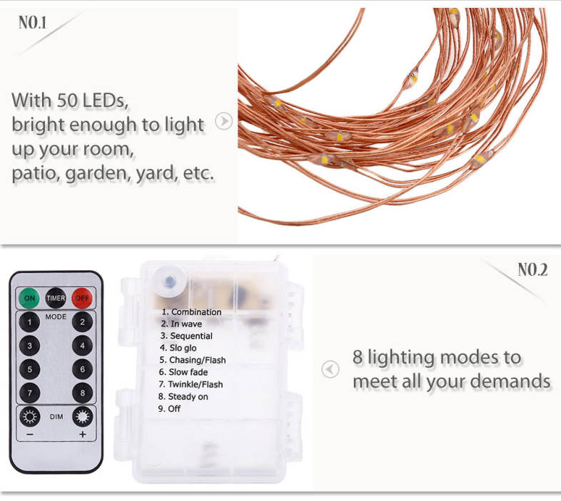 HQYG - 02 30CM 50 LEDs Battery Powered Copper String Light Water Resistant Decorative Lamp with Remote Control