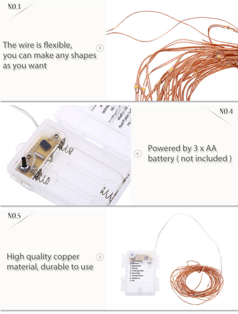 HQYG - 02 30CM 50 LEDs Battery Powered Copper String Light Water Resistant Decorative Lamp with Remote Control