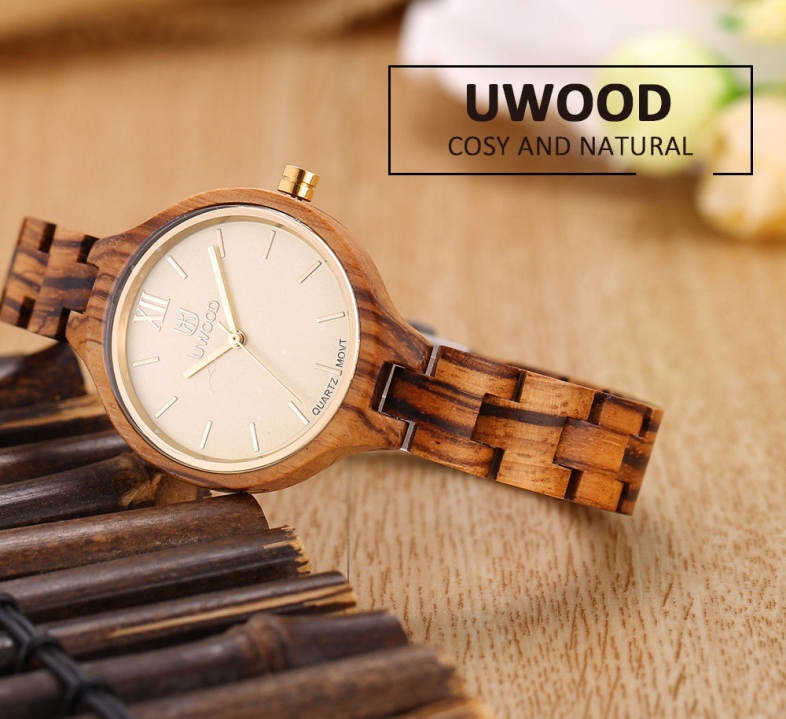 UWOOD UW - 1003 Women Quartz Watch Wooden Case Nail Shape Scale Water Resistance Wristwatch