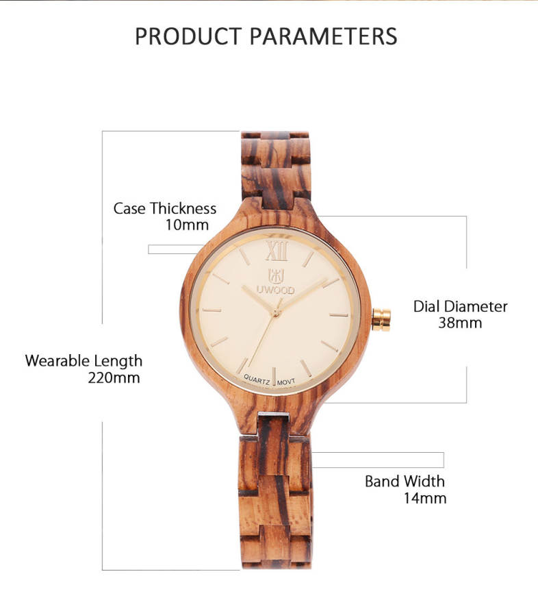 UWOOD UW - 1003 Women Quartz Watch Wooden Case Nail Shape Scale Water Resistance Wristwatch