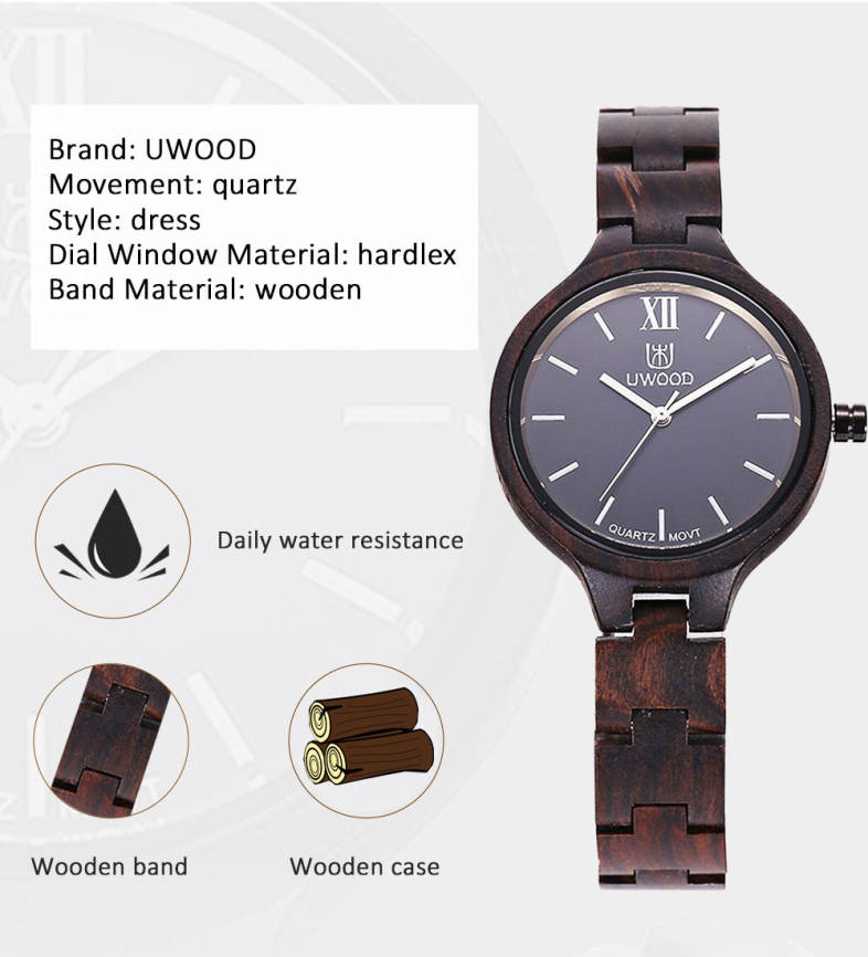 UWOOD UW - 1003 Women Quartz Watch Wooden Case Nail Shape Scale Water Resistance Wristwatch