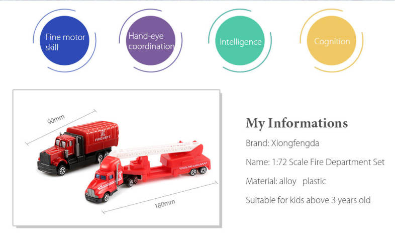 Xiongfengda Children Alloy 1:72 Scale Simulation Fire Department Set Vehicle Model Toy