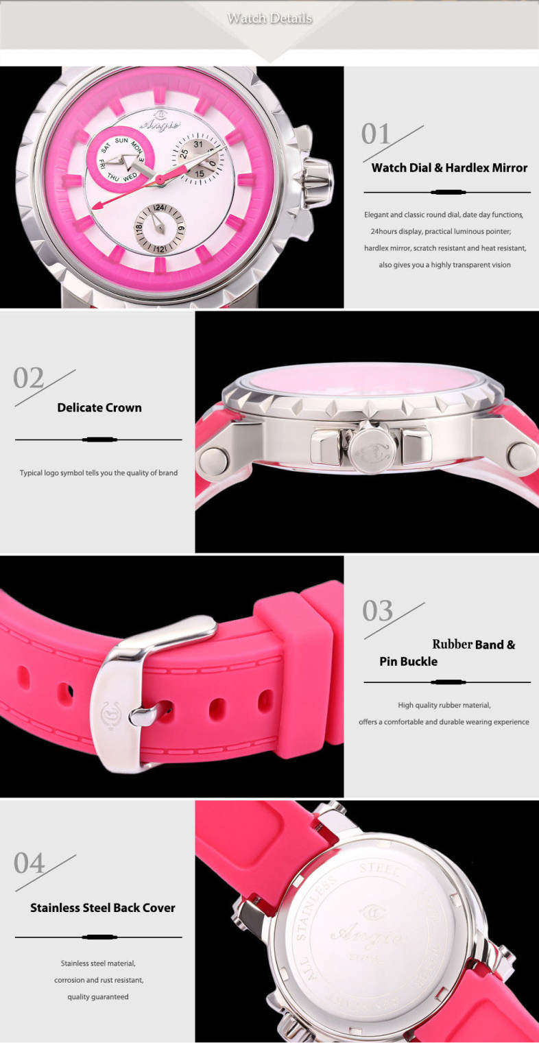 Angie 7135L Unisex Quartz Watch Working Sub-dial Luminous Pointer 3ATM Rubber Band Wristwatch