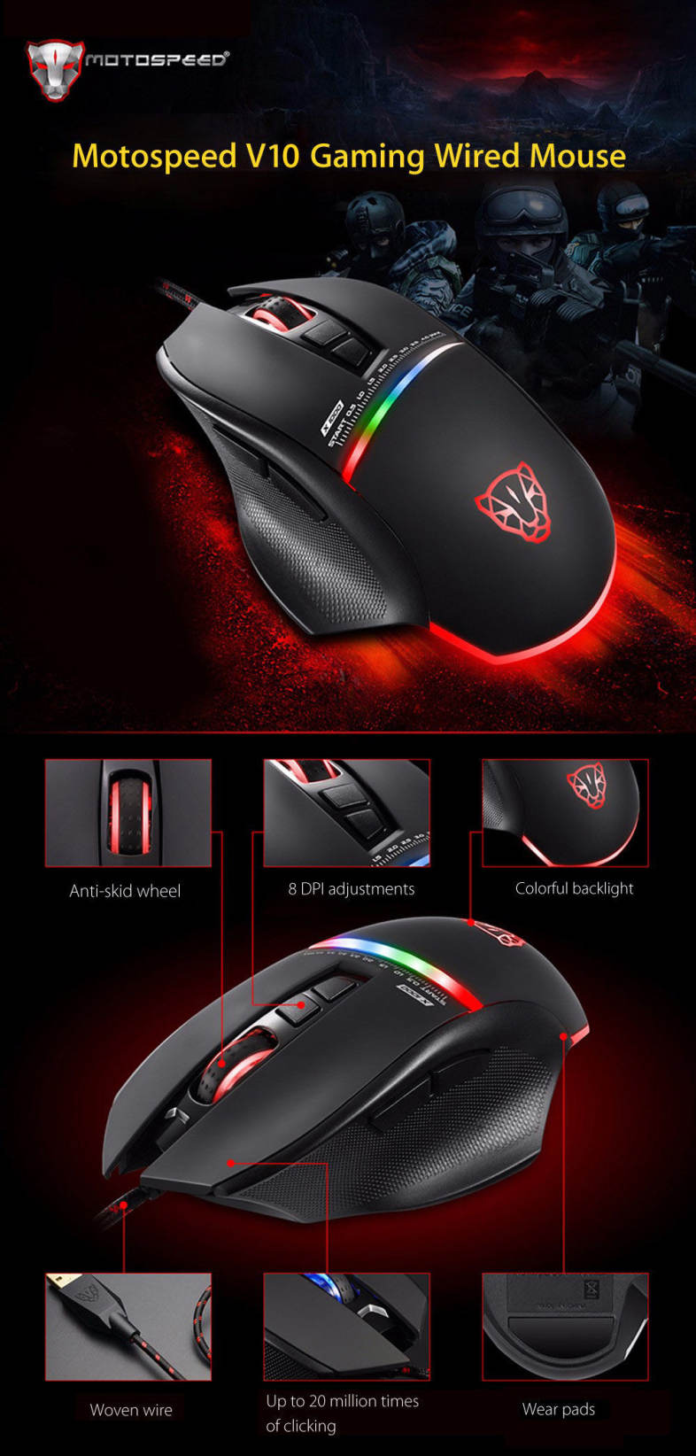 Motospeed V10 USB Gaming Wired Mouse with LED Backlight