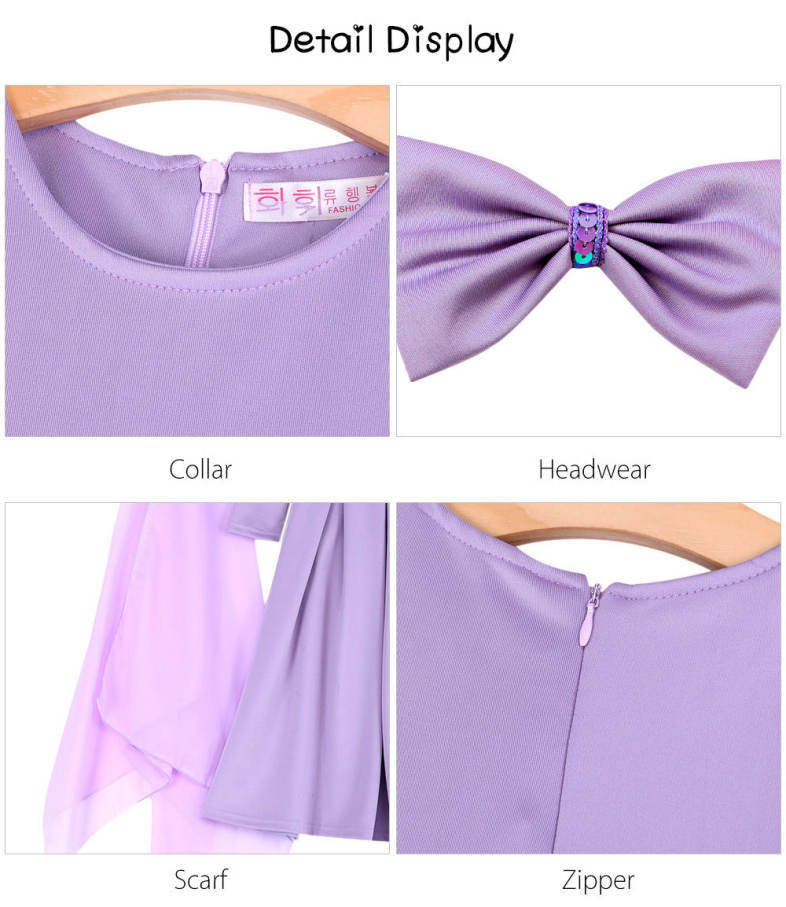 3pcs Sequin Round Collar Long Sleeve Zipper Dress Solid Color Scarf Bowknot Headwear Clothing Suit