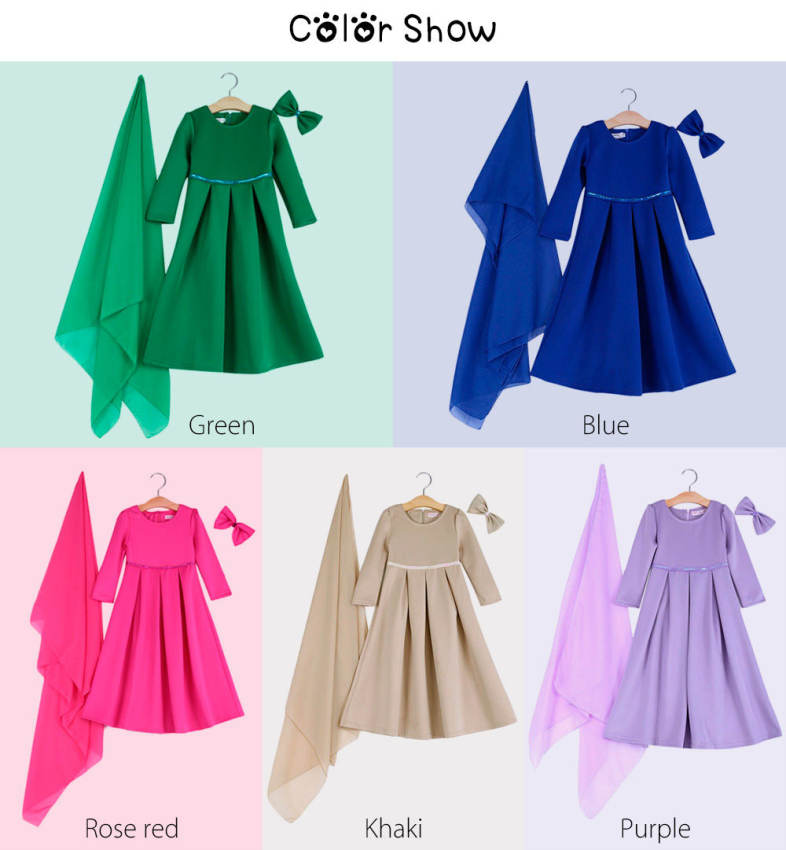 3pcs Sequin Round Collar Long Sleeve Zipper Dress Solid Color Scarf Bowknot Headwear Clothing Suit