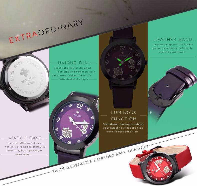 WWOOR 8822 Women Quartz Watch Butterfly Petal Pattern Female Wristwatch