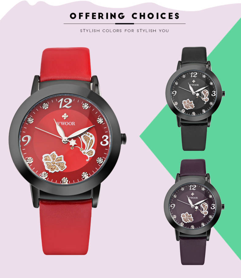 WWOOR 8822 Women Quartz Watch Butterfly Petal Pattern Female Wristwatch
