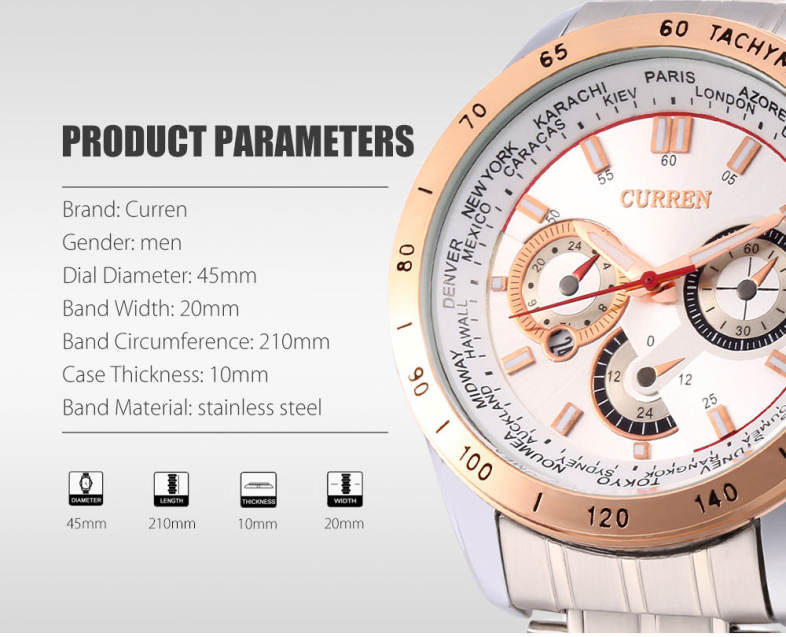 Curren 8150 Stainless Steel Band Calendar Male Quartz Watch Luminous Wristwatch for Men