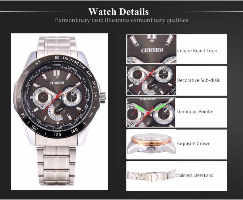 Curren 8150 Stainless Steel Band Calendar Male Quartz Watch Luminous Wristwatch for Men