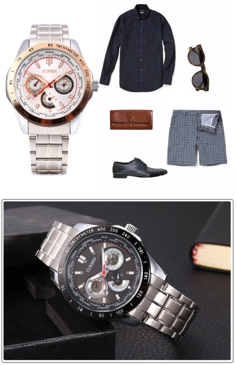 Curren 8150 Stainless Steel Band Calendar Male Quartz Watch Luminous Wristwatch for Men