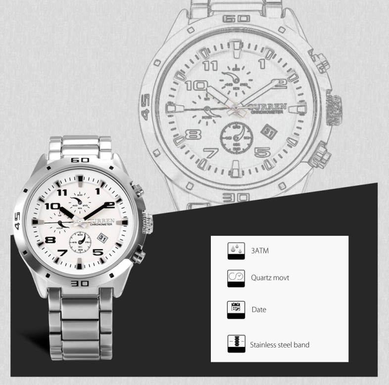 CURREN 8021 Men Quartz Watch Decorative Sub-dial Date Display 30m Water Resistance Wristwatch