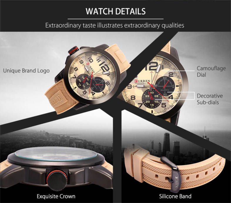 Curren 8182 Camouflage Dial Male Quartz Watch Silicone Band Men Wristwatch