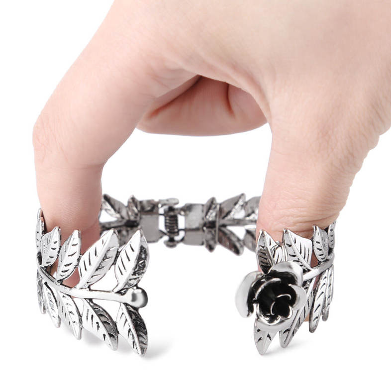 Retro Style Plant Flower Floral Leaf Pattern Women Open Conjoined Ring Bangle