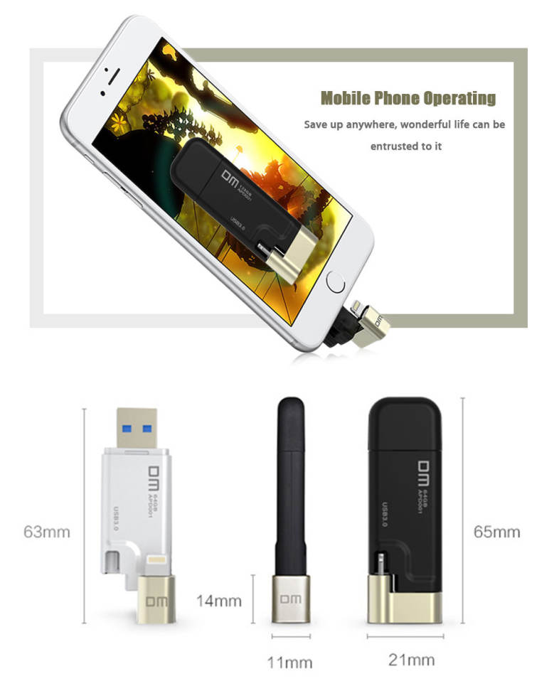 DM APD001 128GB USB 3.0 8 Pin OTG U Disk Data Transmission Drive for iPhone / iPad