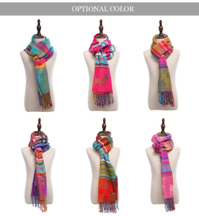 Casual Autumn Winter Deer Colorful Warm Tassel Scarf for Women