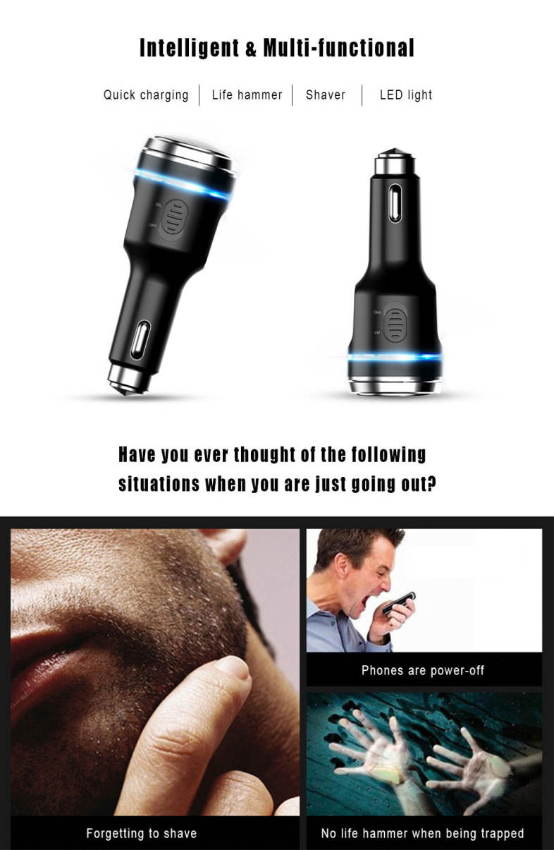 Multi-functional 2.4A Car Shaver Charger Life Hammer with LED Light