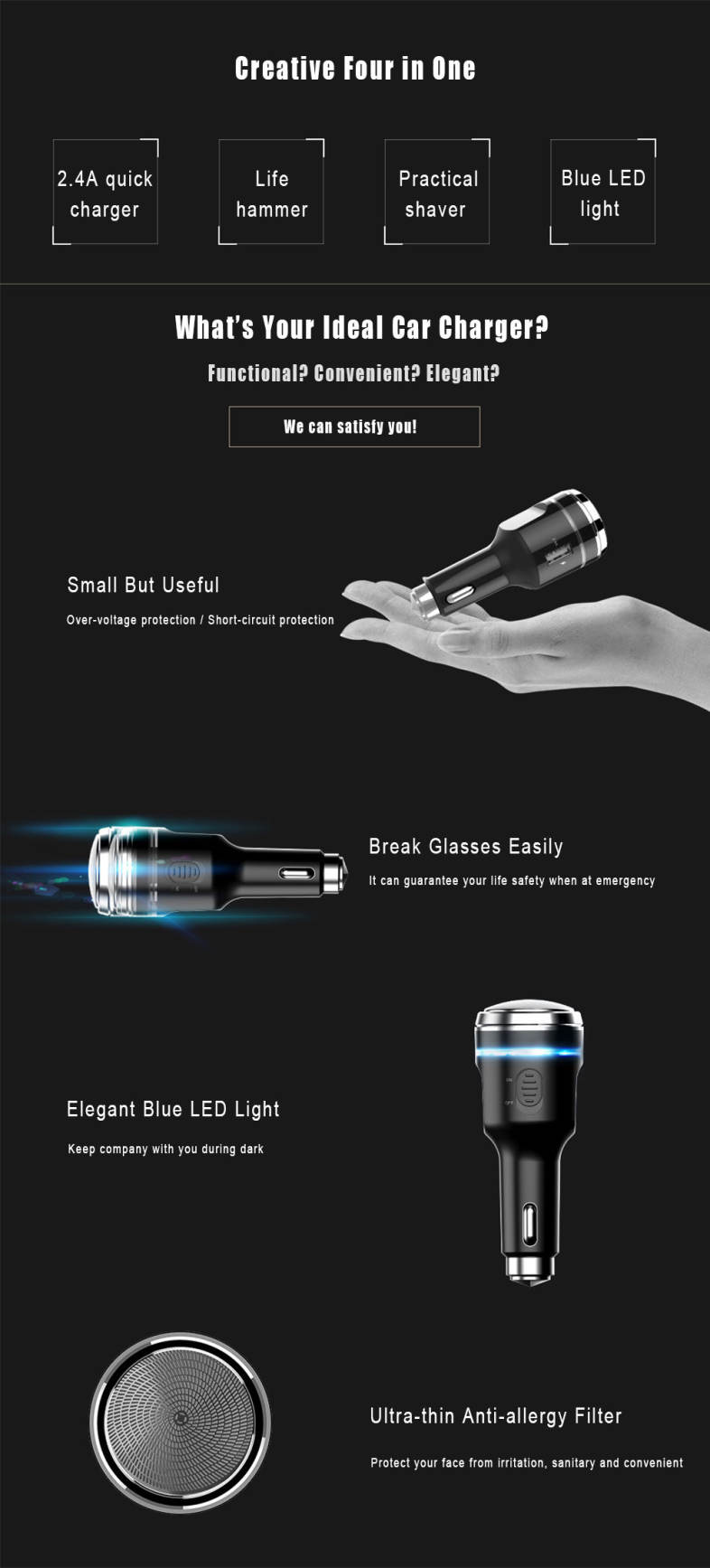 Multi-functional 2.4A Car Shaver Charger Life Hammer with LED Light