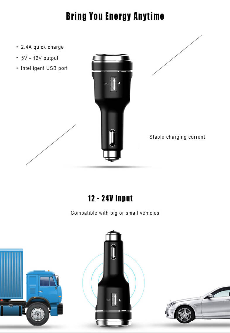 Multi-functional 2.4A Car Shaver Charger Life Hammer with LED Light