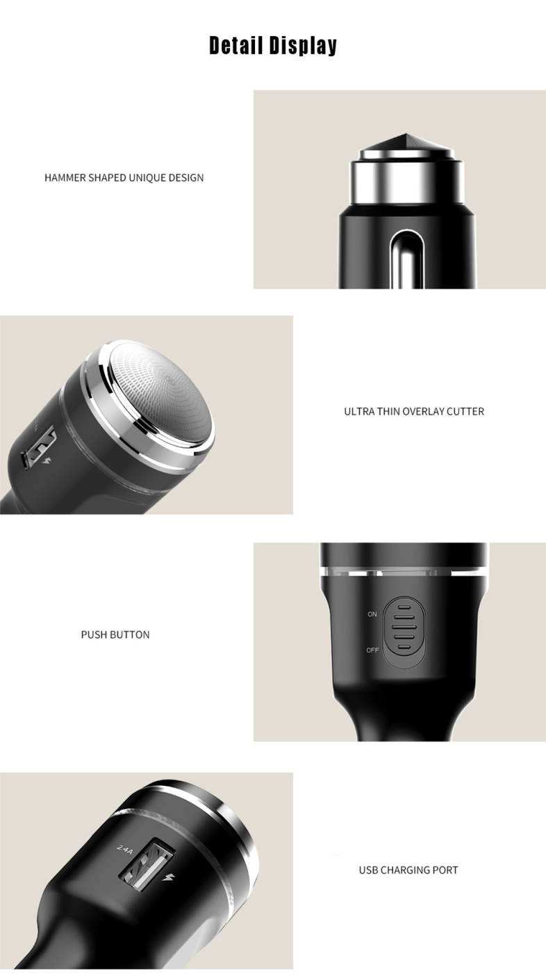 Multi-functional 2.4A Car Shaver Charger Life Hammer with LED Light