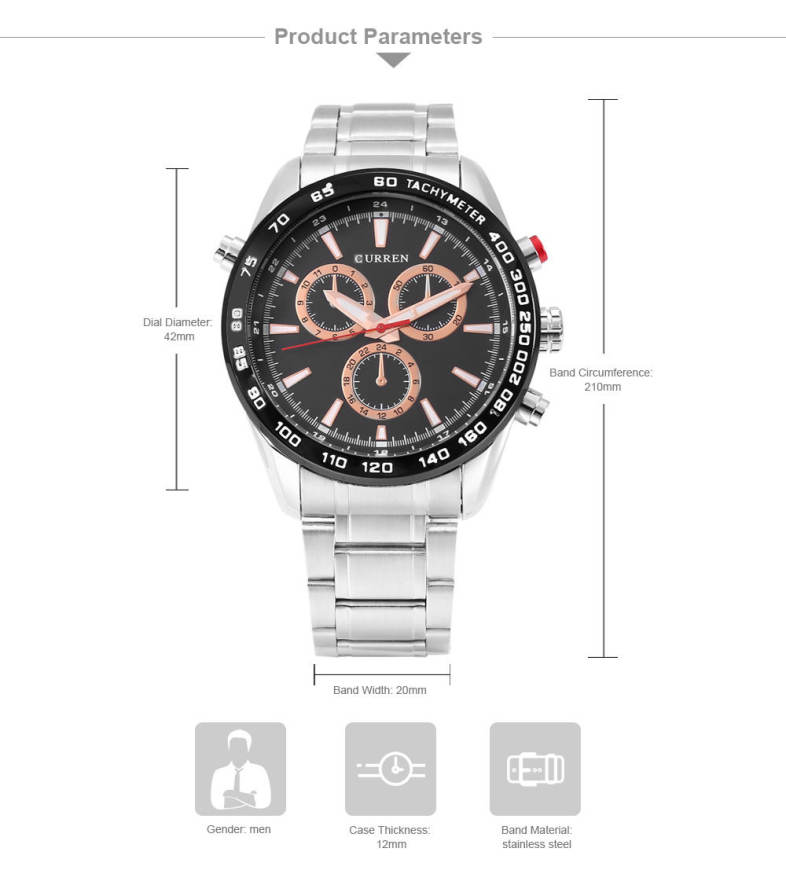 Curren 8189 Male Stainless Steel Band Quartz Watch 3ATM Luminous Men Wristwatch