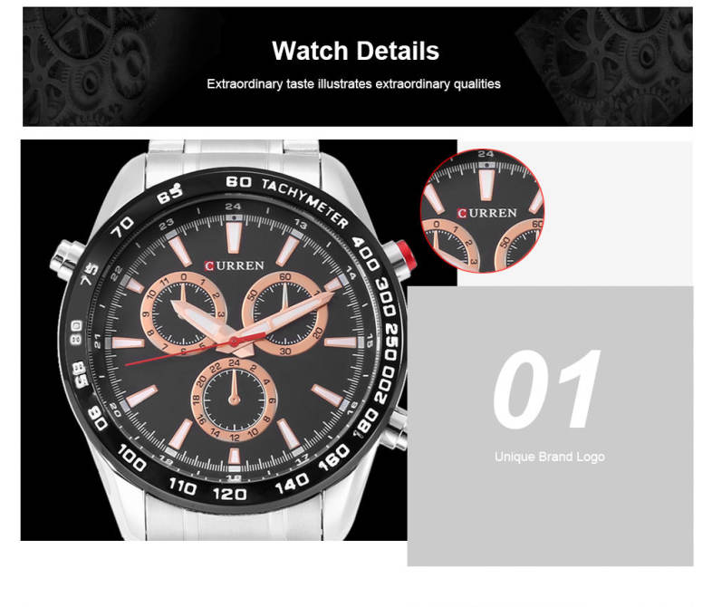 Curren 8189 Male Stainless Steel Band Quartz Watch 3ATM Luminous Men Wristwatch