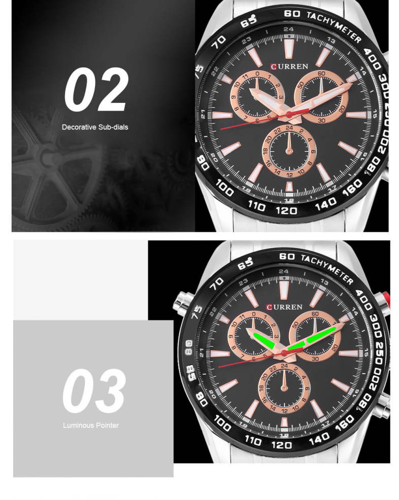 Curren 8189 Male Stainless Steel Band Quartz Watch 3ATM Luminous Men Wristwatch