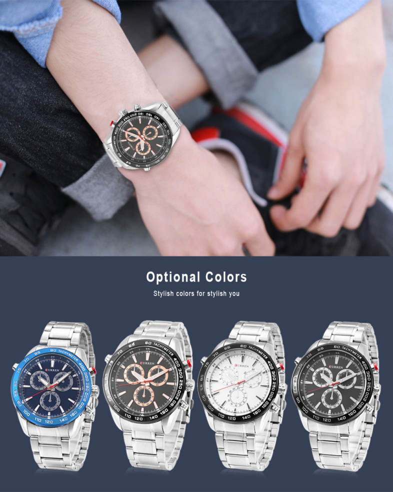 Curren 8189 Male Stainless Steel Band Quartz Watch 3ATM Luminous Men Wristwatch