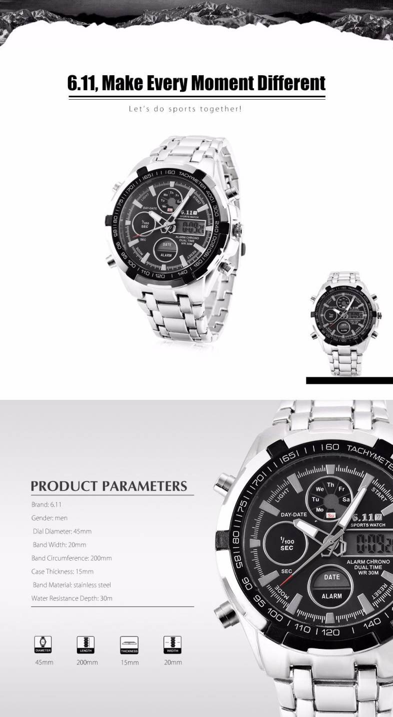 6.11 8128 LED Male Dual Movt Sport Watch Chronograph Alarm Men Wristwatch