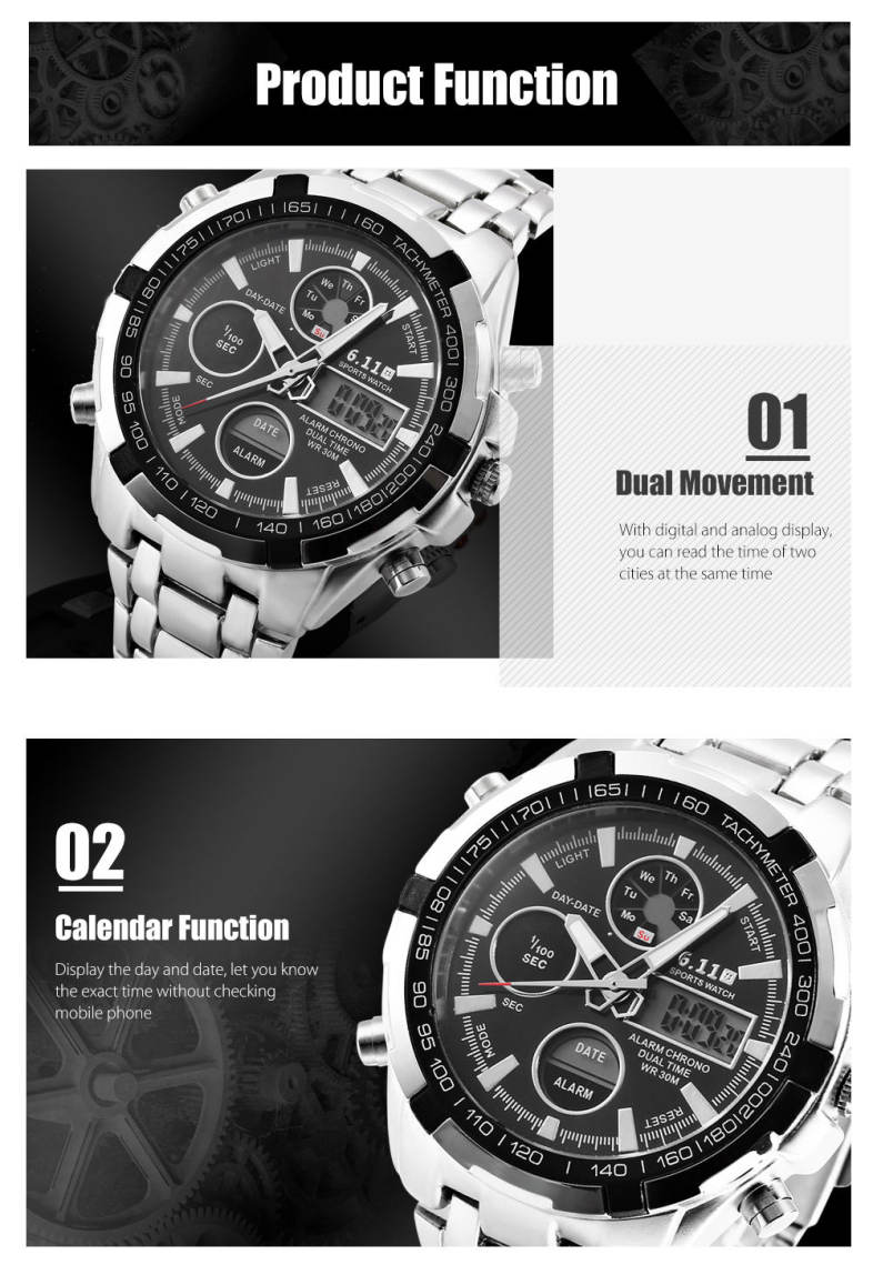 6.11 8128 LED Male Dual Movt Sport Watch Chronograph Alarm Men Wristwatch