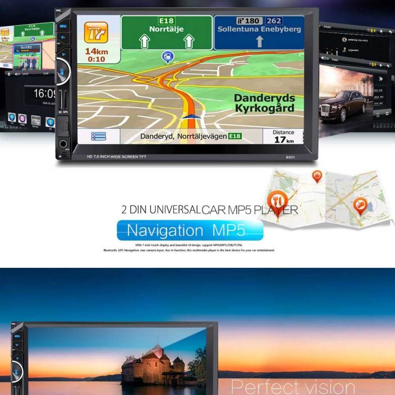 8001 7 inch 2-din 12V Car Multimedia MP5 Player with Camera GPS AM FM Bluetooth Function
