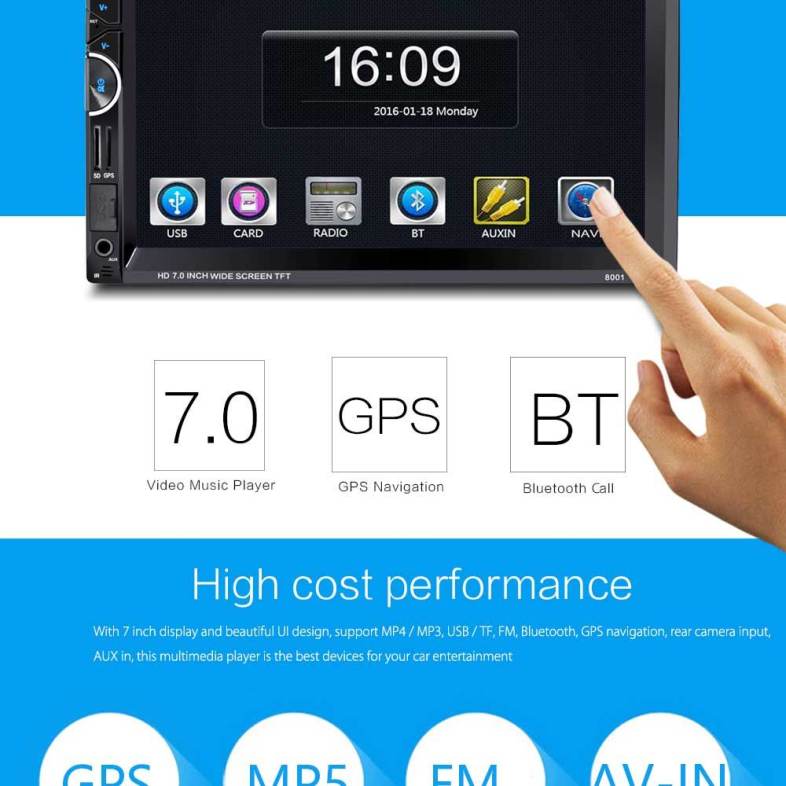 8001 7 inch 2-din 12V Car Multimedia MP5 Player with Camera GPS AM FM Bluetooth Function
