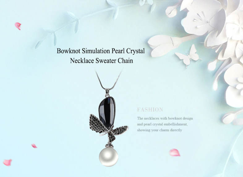 Women Bowknot Simulation Pearl Crystal Embellishment Pendant Necklace Sweater Chain