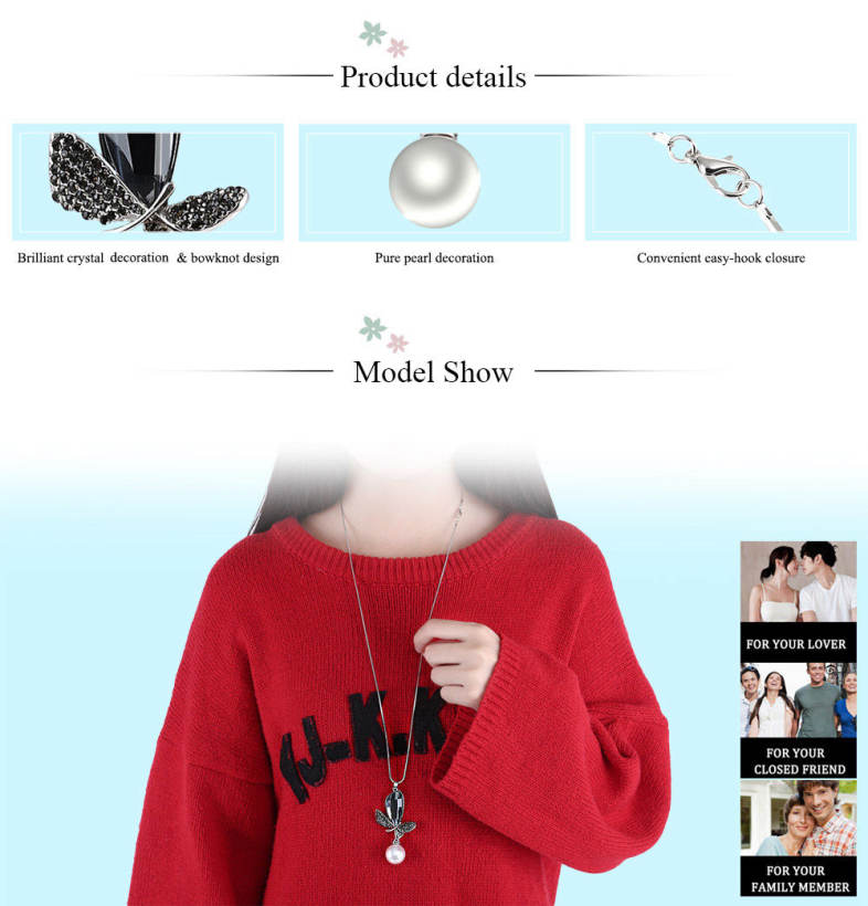 Women Bowknot Simulation Pearl Crystal Embellishment Pendant Necklace Sweater Chain