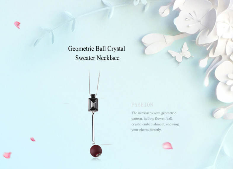 Women Geometric Flower Floral Hollow Ball Crystal Embellishment Pendant Necklace Sweater Chain