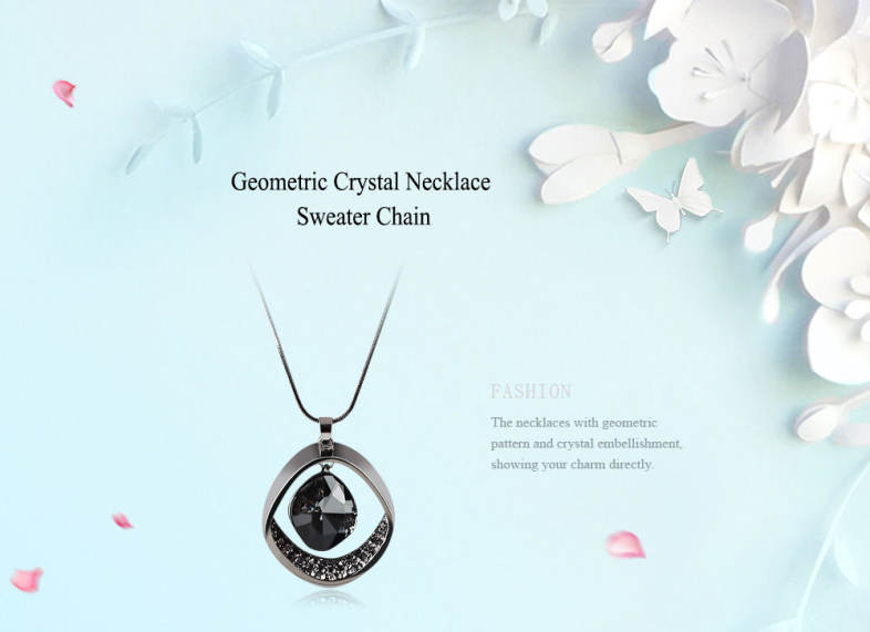 Women Geometric Pattern Crystal Embellishment Pendant Necklace Sweater Chain