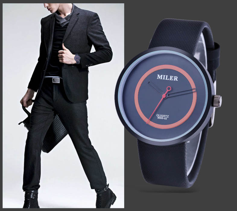 MILER 90002 Unisex Quartz Watch Concise Dial Leather Band Daily Water Resistance Wristwatch
