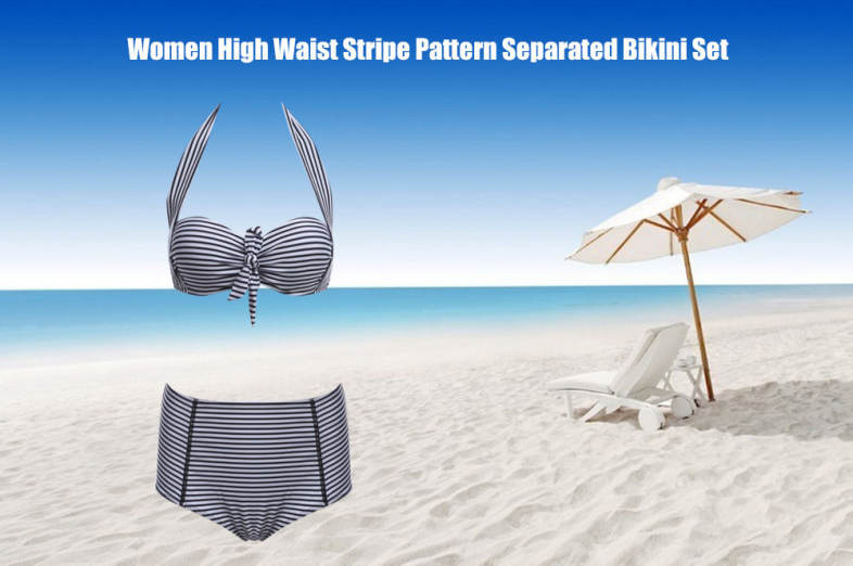 Cute High Waist Stripe Pattern Bikini Set Women Beach Swimwear