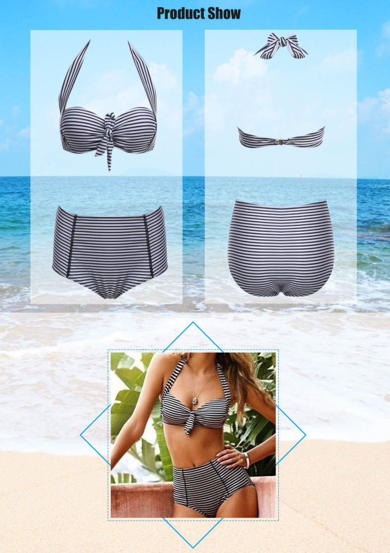 Cute High Waist Stripe Pattern Bikini Set Women Beach Swimwear