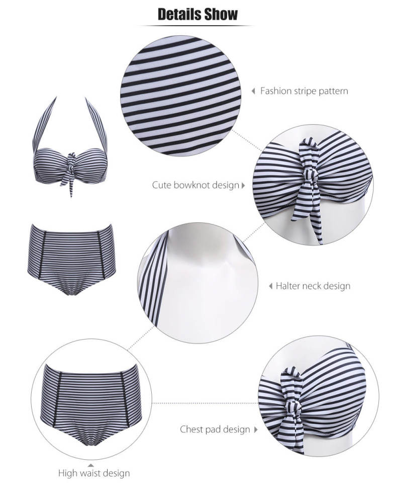 Cute High Waist Stripe Pattern Bikini Set Women Beach Swimwear