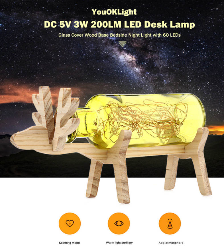 YouOKLight DC 5V 3W 200LM Glass Cover LED Desk Lamp Wood Base Bedside Night Light with 60 LEDs