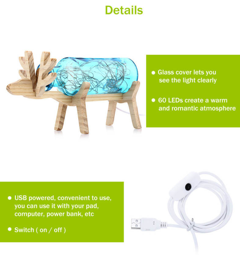 YouOKLight DC 5V 3W 200LM Glass Cover LED Desk Lamp Wood Base Bedside Night Light with 60 LEDs
