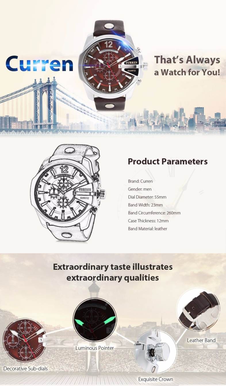 Curren 8176 Men Quartz Watch with Date Display Leather Band Decorative Sub-dials