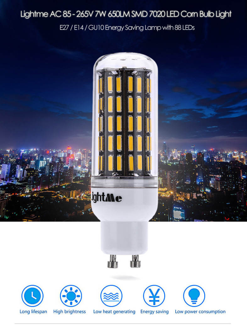 Lightme E14 AC 85 - 265V 7W 650LM SMD 7020 LED Corn Bulb Light Energy Saving Lamp with 88 LEDs
