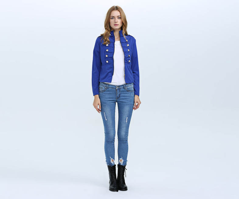 Fashion Stand Collar Long Sleeve Double Breast Button Decoration Women Coat
