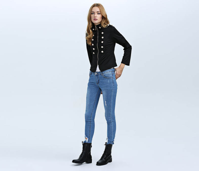 Fashion Stand Collar Long Sleeve Double Breast Button Decoration Women Coat