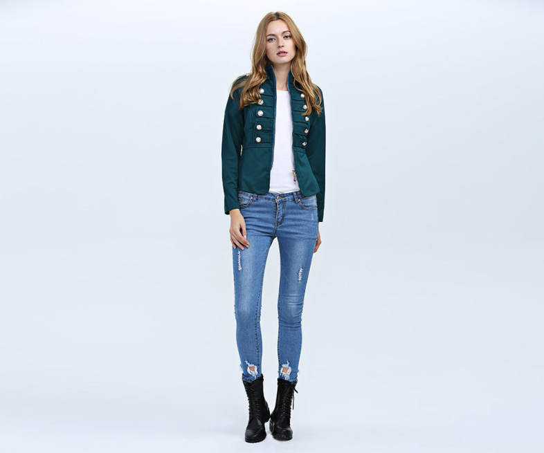Fashion Stand Collar Long Sleeve Double Breast Button Decoration Women Coat