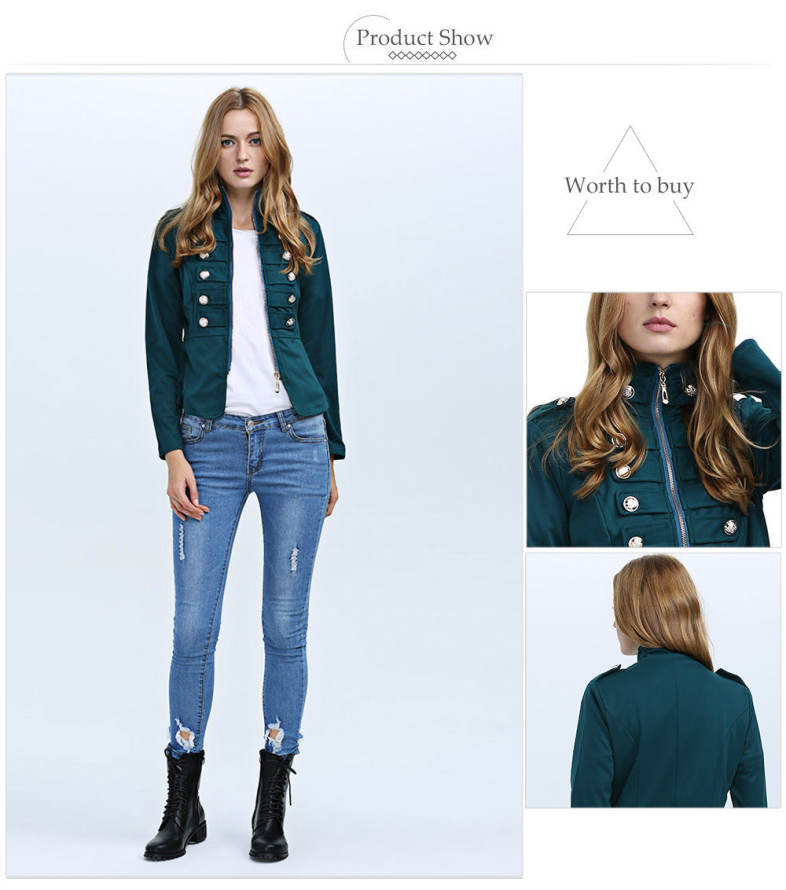 Fashion Stand Collar Long Sleeve Double Breast Button Decoration Women Coat