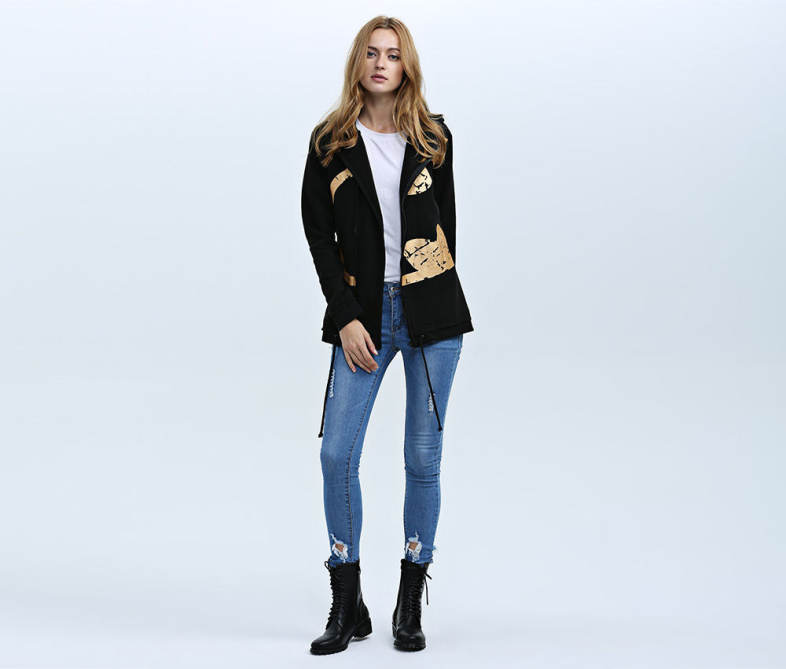 Fashion Hooded Long Sleeve Print Drawstring Zipper Type Women Coat